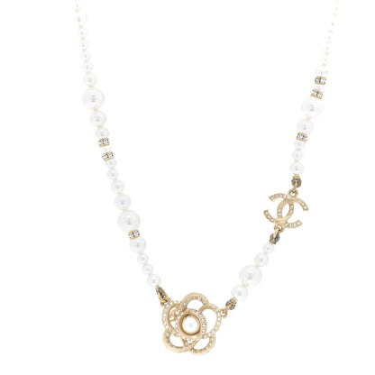 Chanel Pearl Crystal Camellia CC Necklace Gold 1 of 6