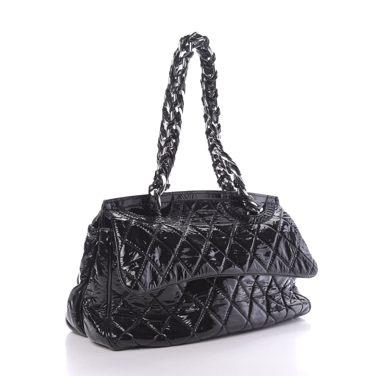 Patent Quilted Day Glo Flap Bag Black