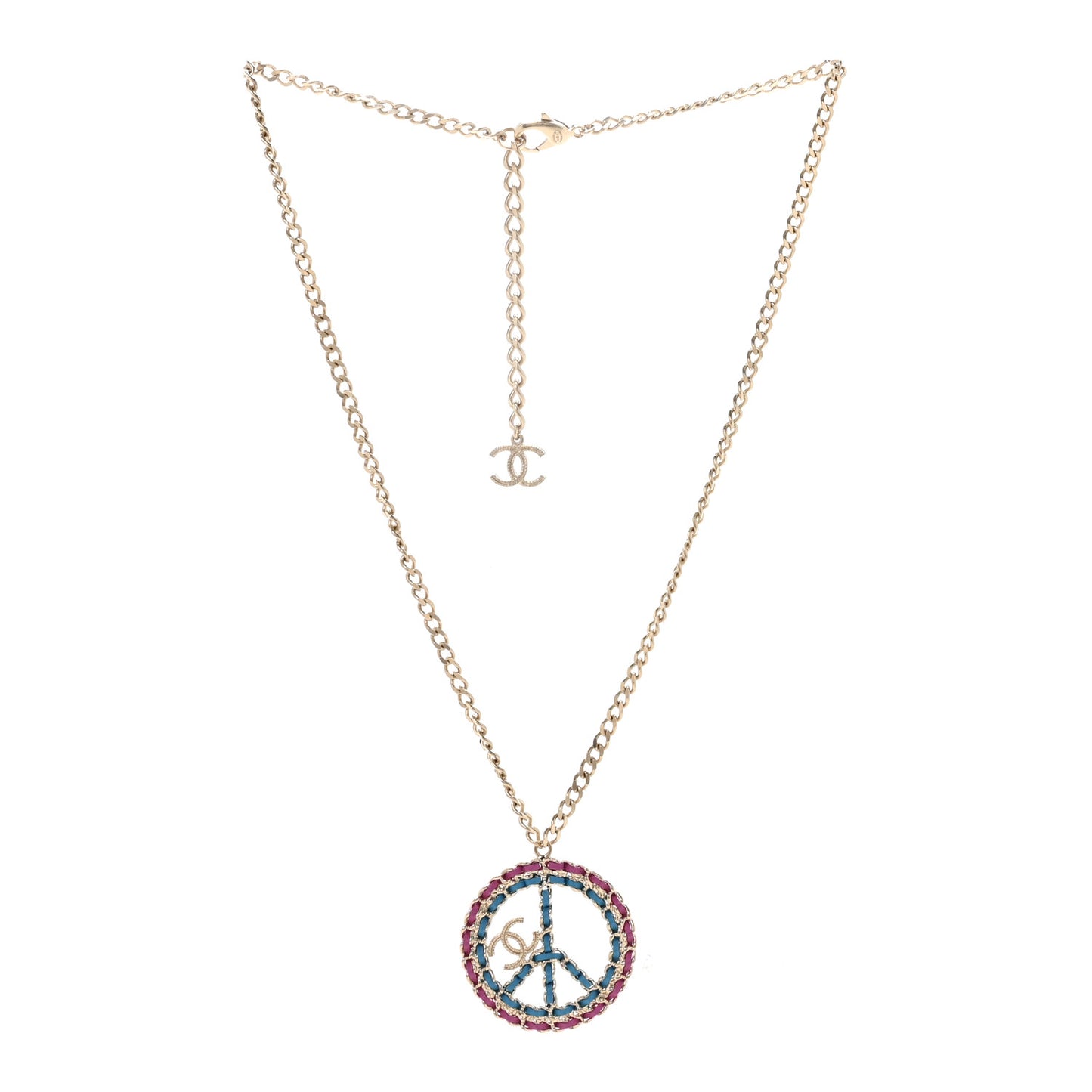 Metal Calfskin Chain Peace Sign CC Necklace Blue Purple Gold
