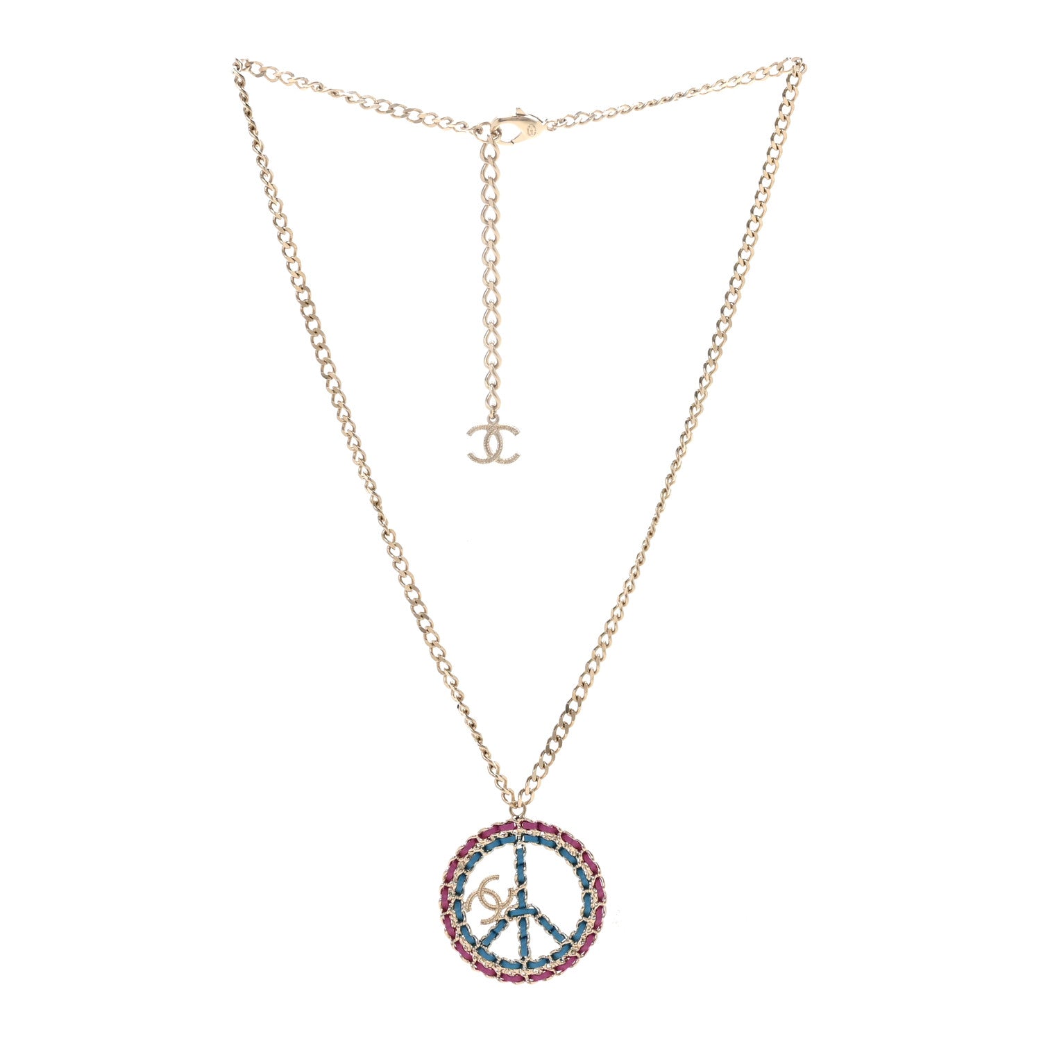 Chanel Metal Calfskin Chain Peace Sign CC Necklace Blue Purple Gold 3 of 7