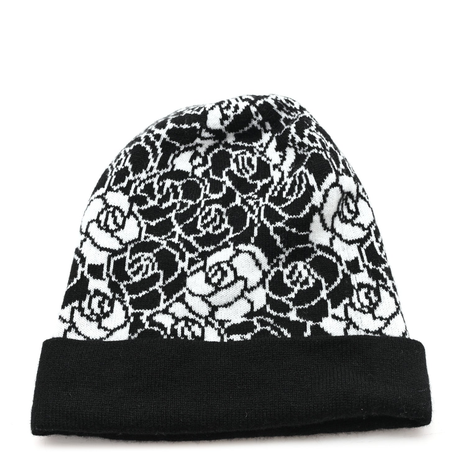 Chanel Cashmere CC Camellia Beanie Hat Black White 3 of 5