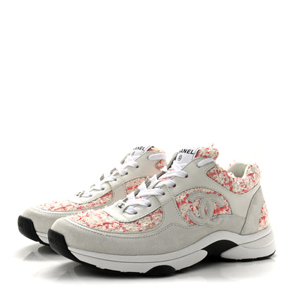 Chanel Tweed Suede Calfskin Womens CC Sneakers 40 Ecru Pink Red White 4 of 9