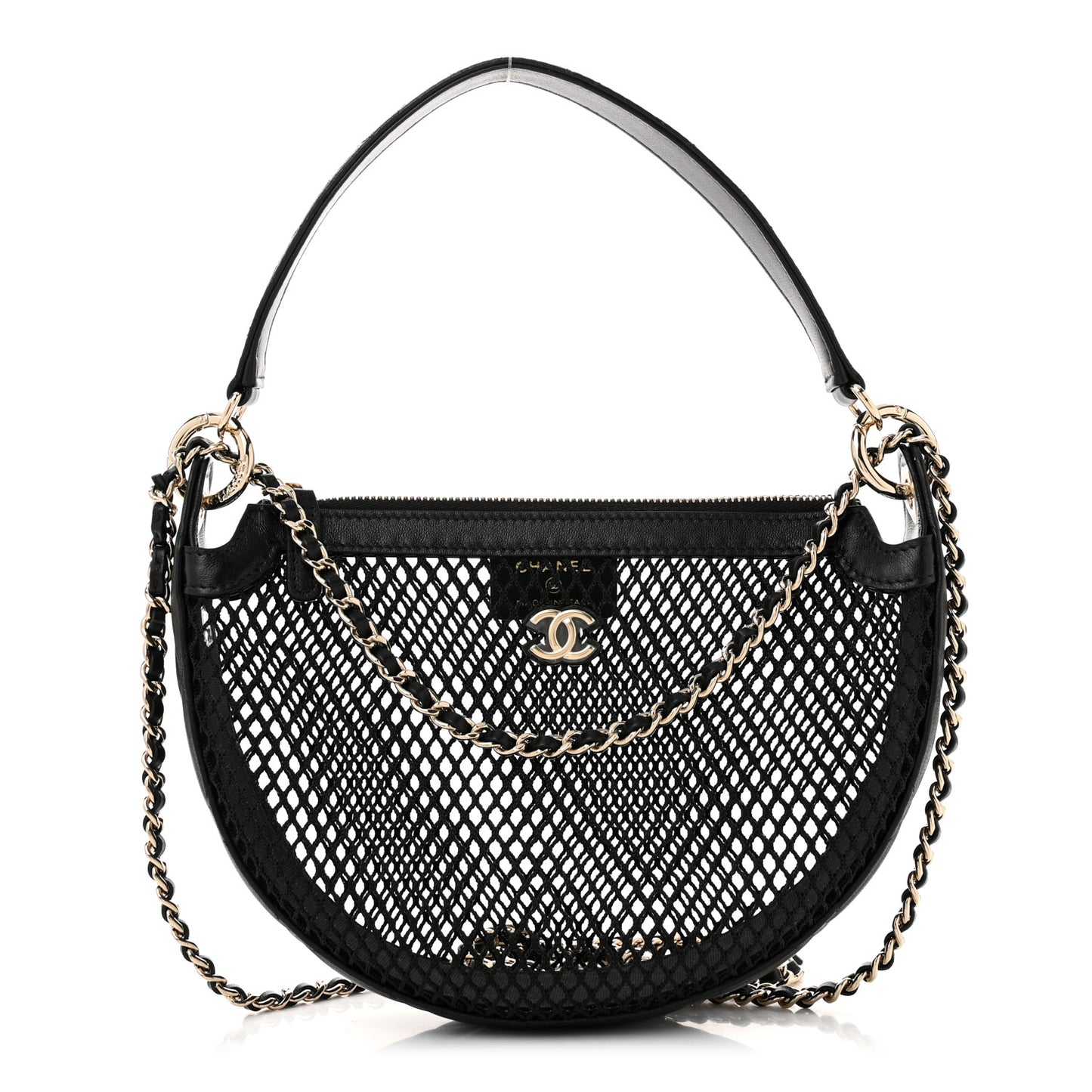 Mesh Shiny Lambskin Chain Hobo Black