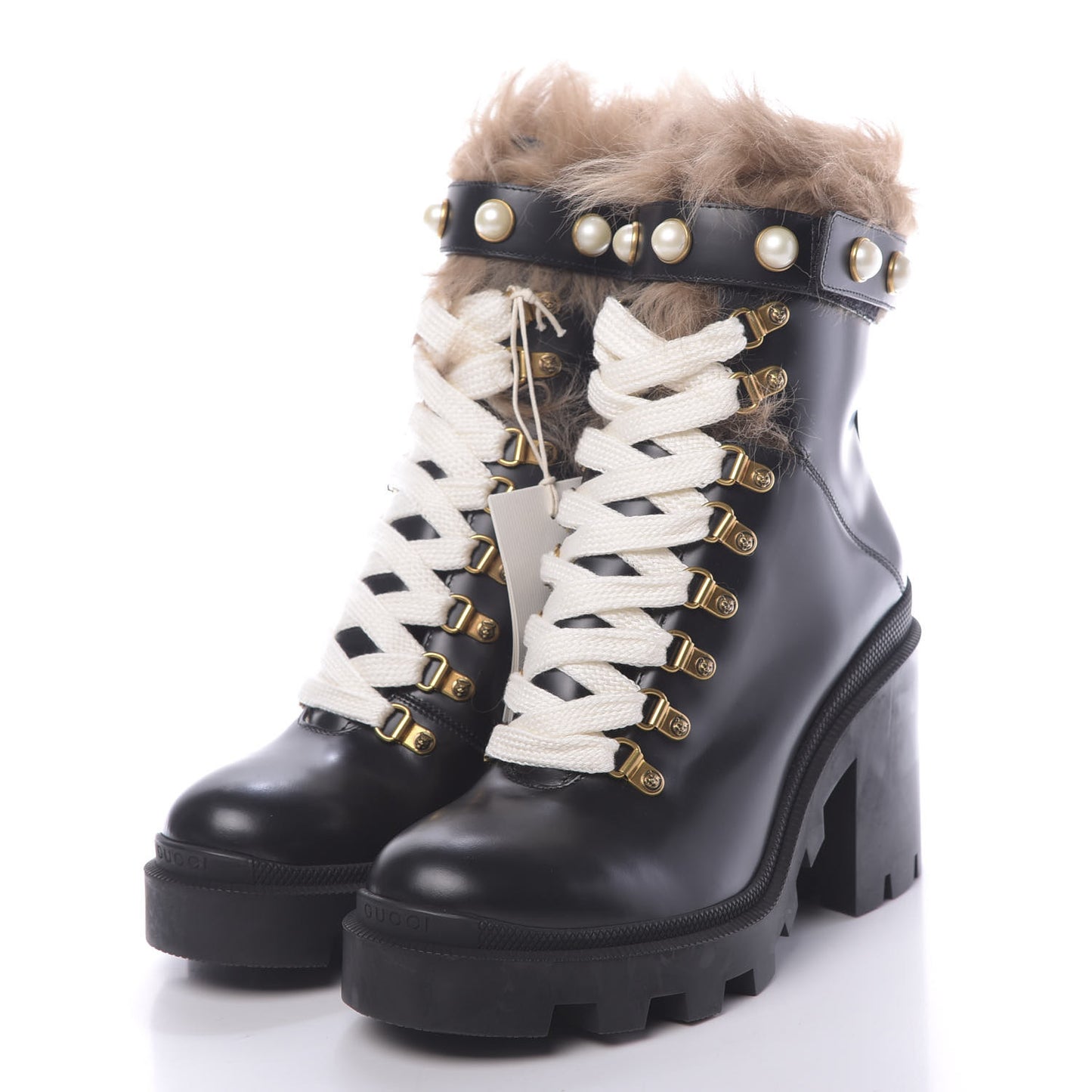 Magnum Calfskin Fur Pearl Lace Up Combat Ankle Boots 39 Black Naturale