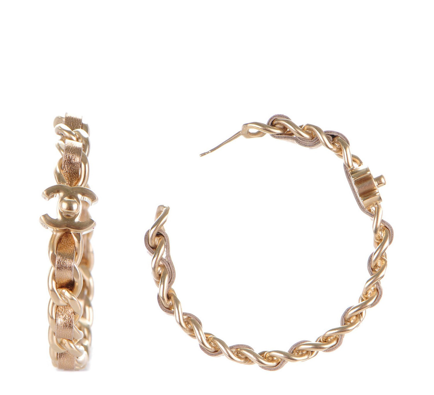 Metal Lambskin CC Turnlock Chain Hoop Earrings Matte Gold