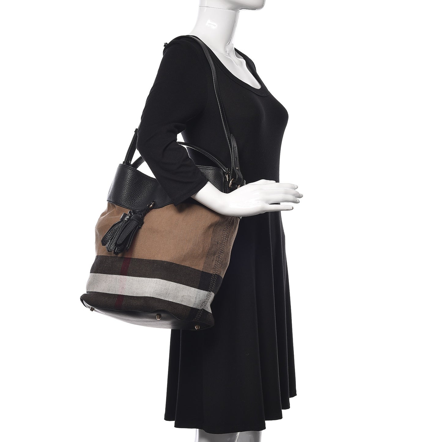 Grainy Calfskin Canvas Mega Check Medium Ashby Tassel Hobo Black