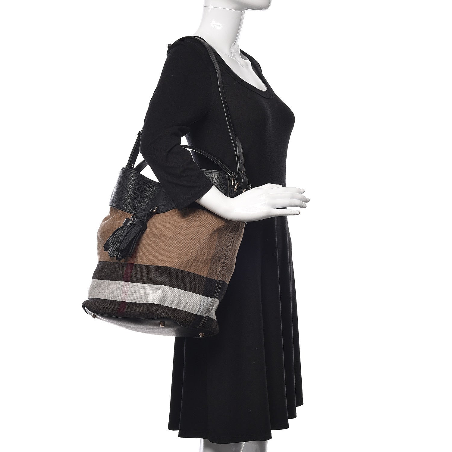 Burberry Grainy Calfskin Canvas Mega Check Medium Ashby Tassel Hobo Black 2 of 9