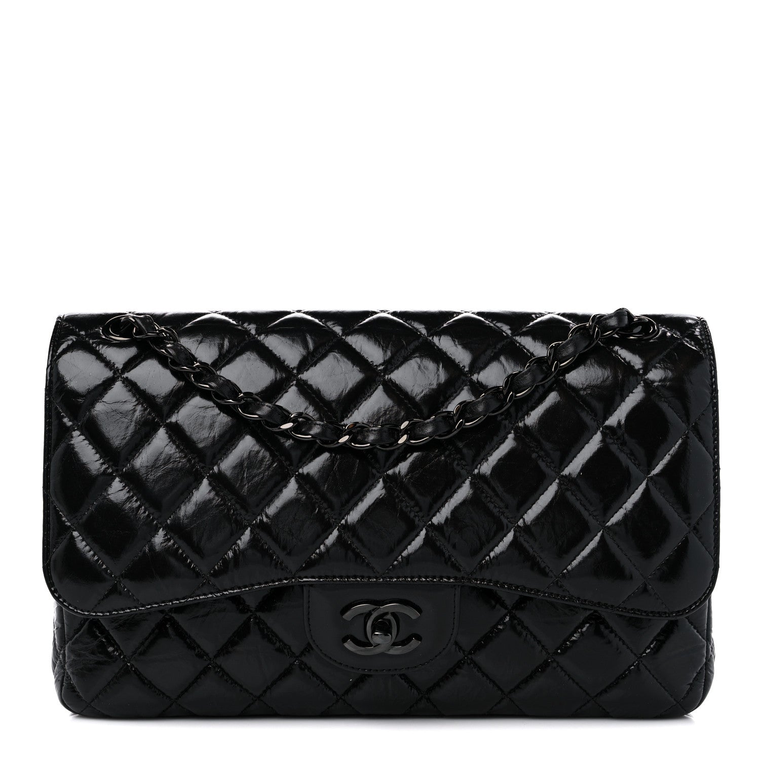 Chanel Shiny Distressed Calfskin Quilted Jumbo Double Flap So Black 1 of 9