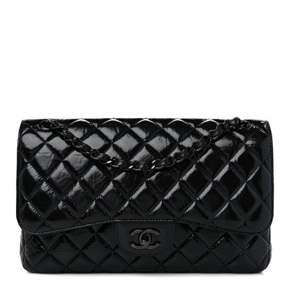 Chanel Shiny Distressed Calfskin Quilted Jumbo Double Flap So Black 1 of 9