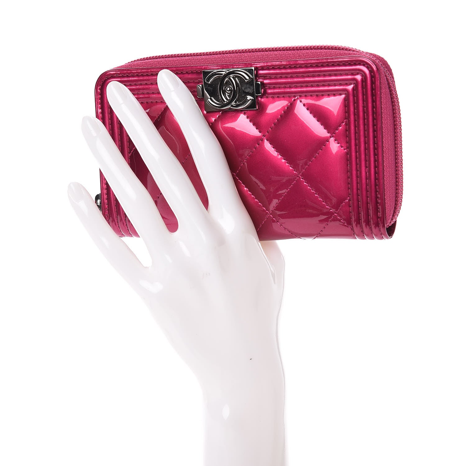 Chanel Metallic Patent Quilted Boy Zip Around Wallet Fuchsia 2 of 10