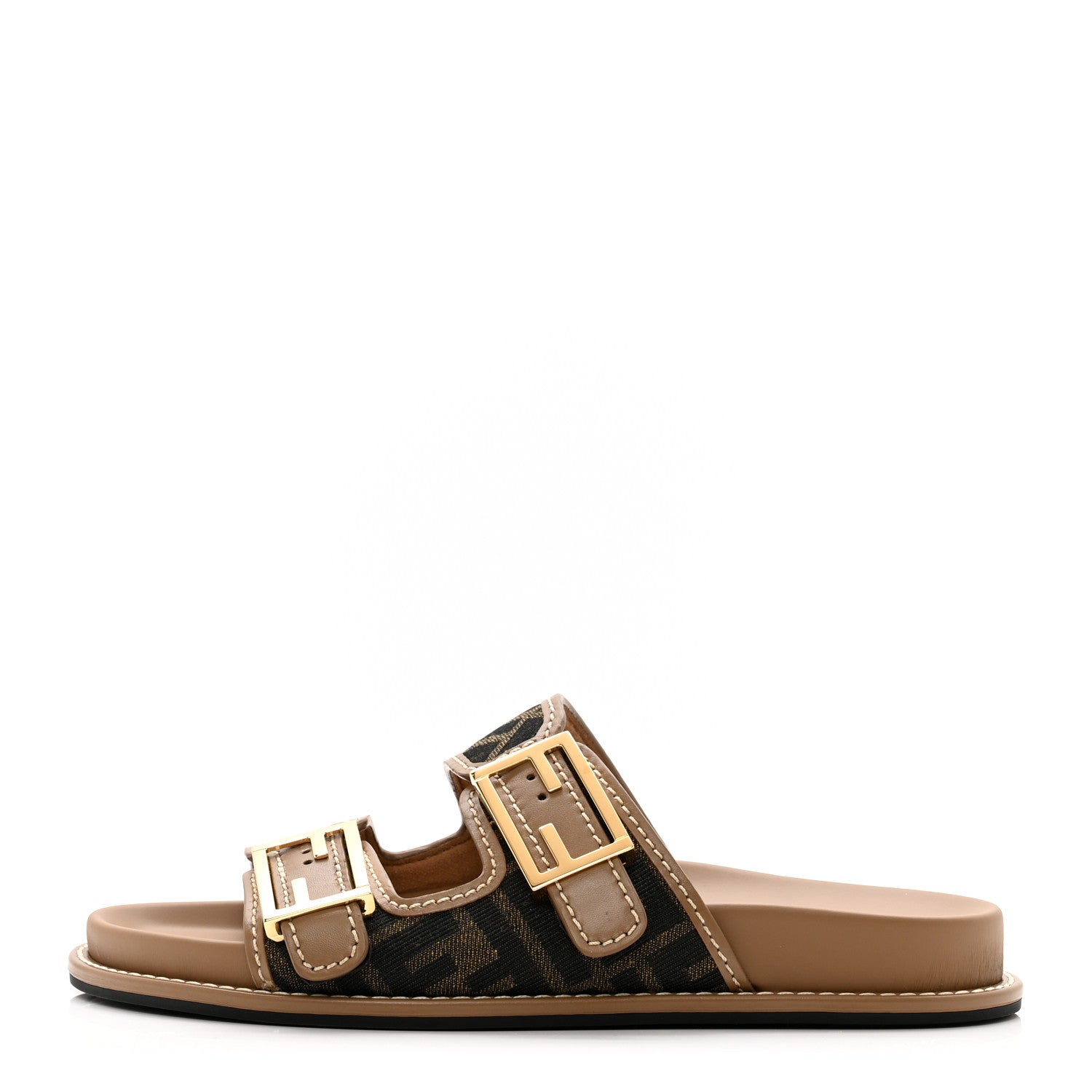 Fendi Fabric Jacquard Nappa FF Womens Fendi Feel Buckled Slide Sandals 37.5 Tobacco Black Miele Scuro 1 of 9