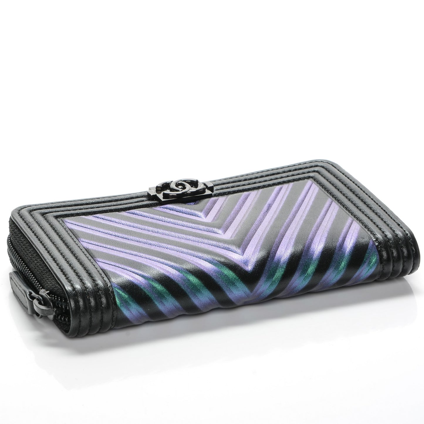 Calfskin Painted Chevron Embossed Small Boy Zip Wallet Black