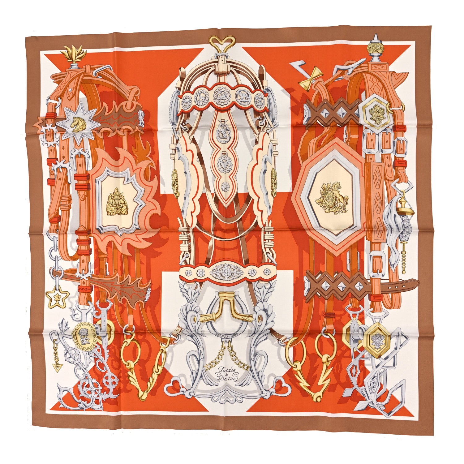 Hermes Silk Brides Et Destin Scarf 90 Orange Cuit Beige 1 of 3