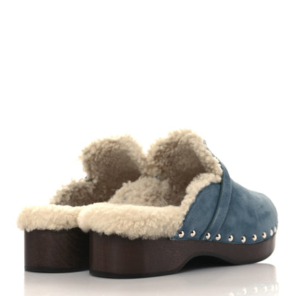 Hermes Suede Goatskin Woolskin Carlotta Mules 37 Bleu Pinede 4 of 8