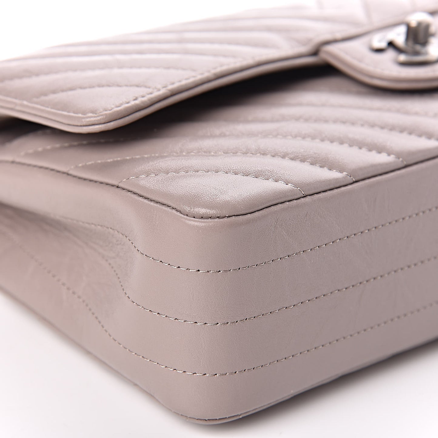 Iridescent Calfskin Chevron Quilted Medium Double Flap Grey