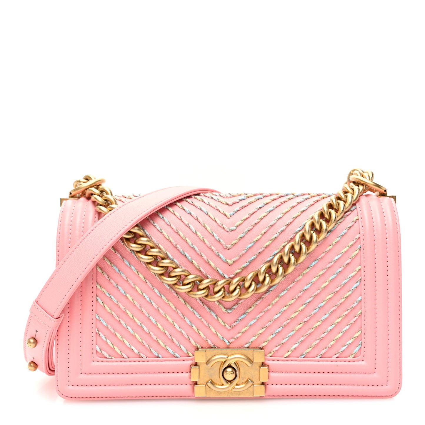 Calfskin Chevron Embroidered Medium Boy By The Sea Flap Pink