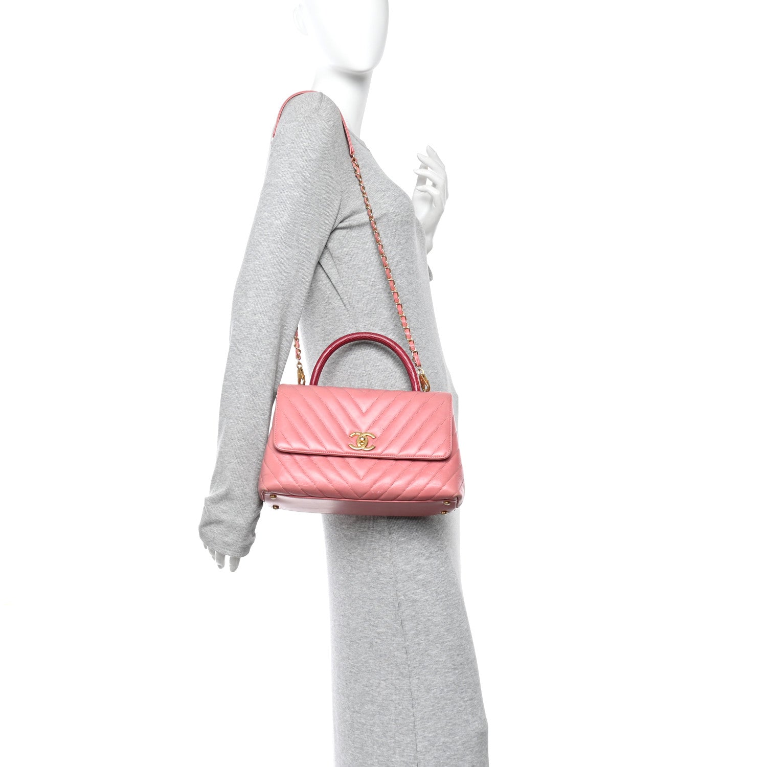 Chanel Calfskin Lizard Chevron Quilted Small Coco Handle Flap Pink 2 of 13
