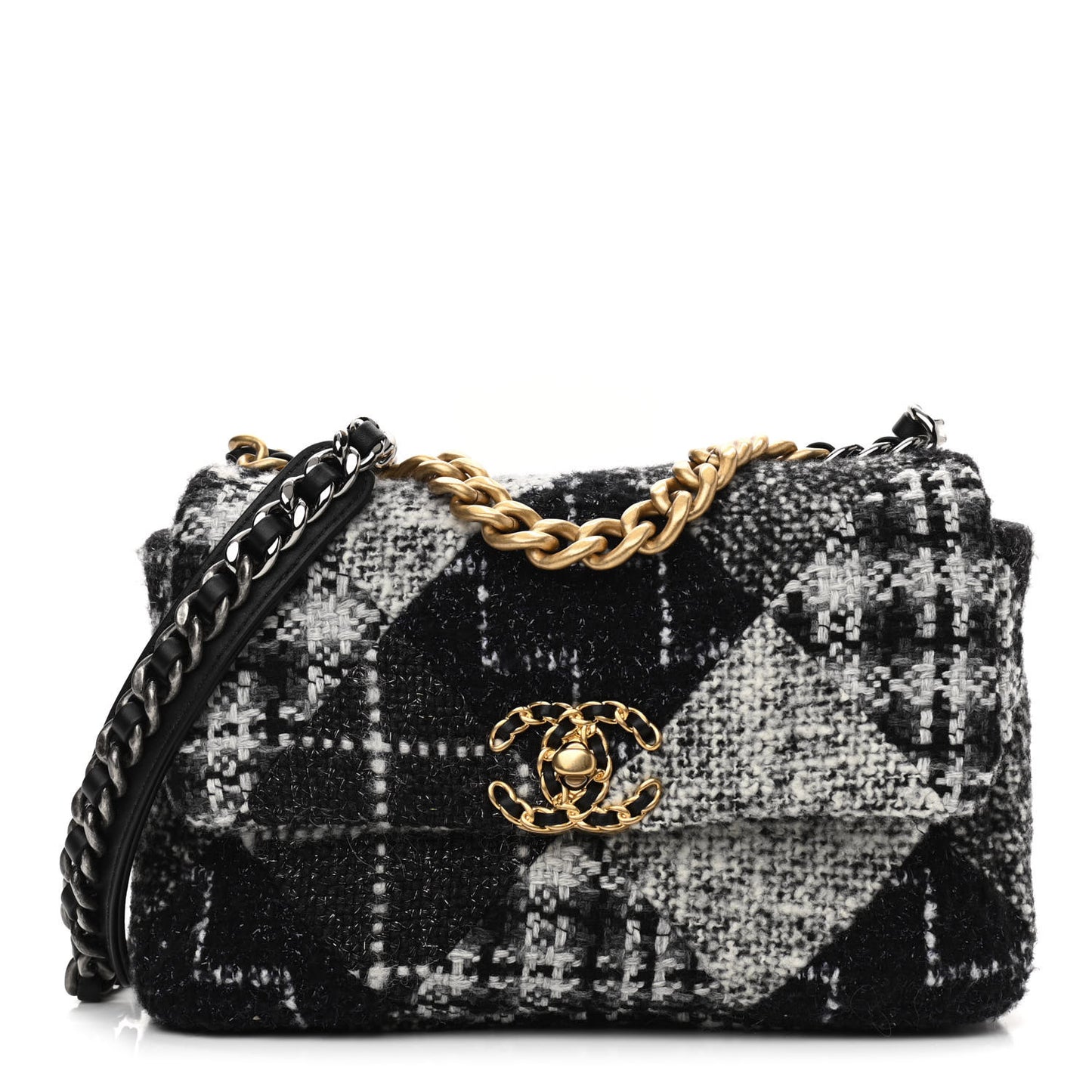 Tweed Quilted Medium Chanel 19 Flap Black White