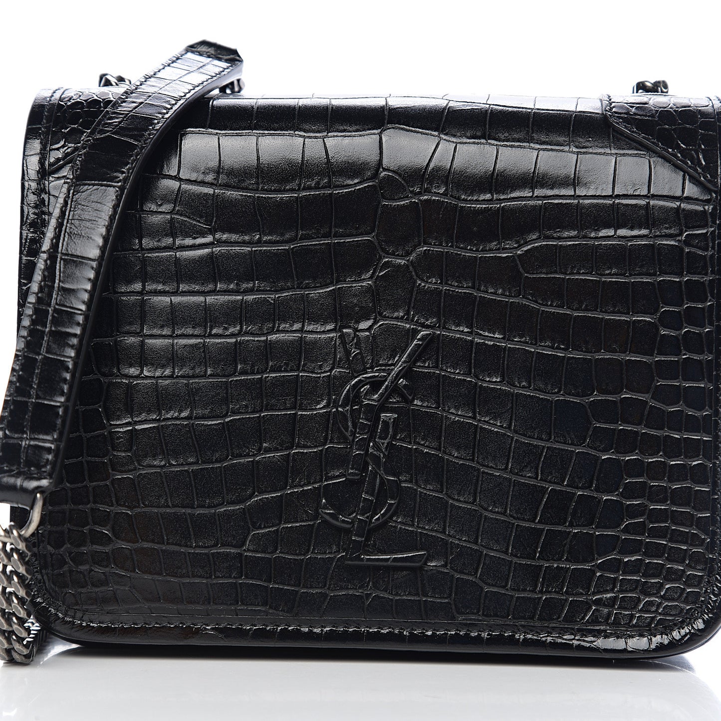 Crocodile Embossed Lambskin Matelasse Monogram Niki Chain Wallet Black