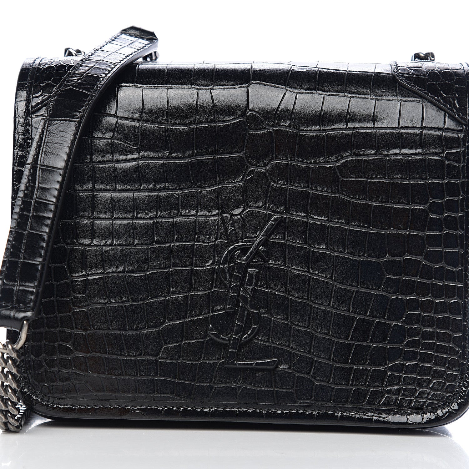 Saint Laurent Crocodile Embossed Lambskin Matelasse Monogram Niki Chain Wallet Black 8 of 9