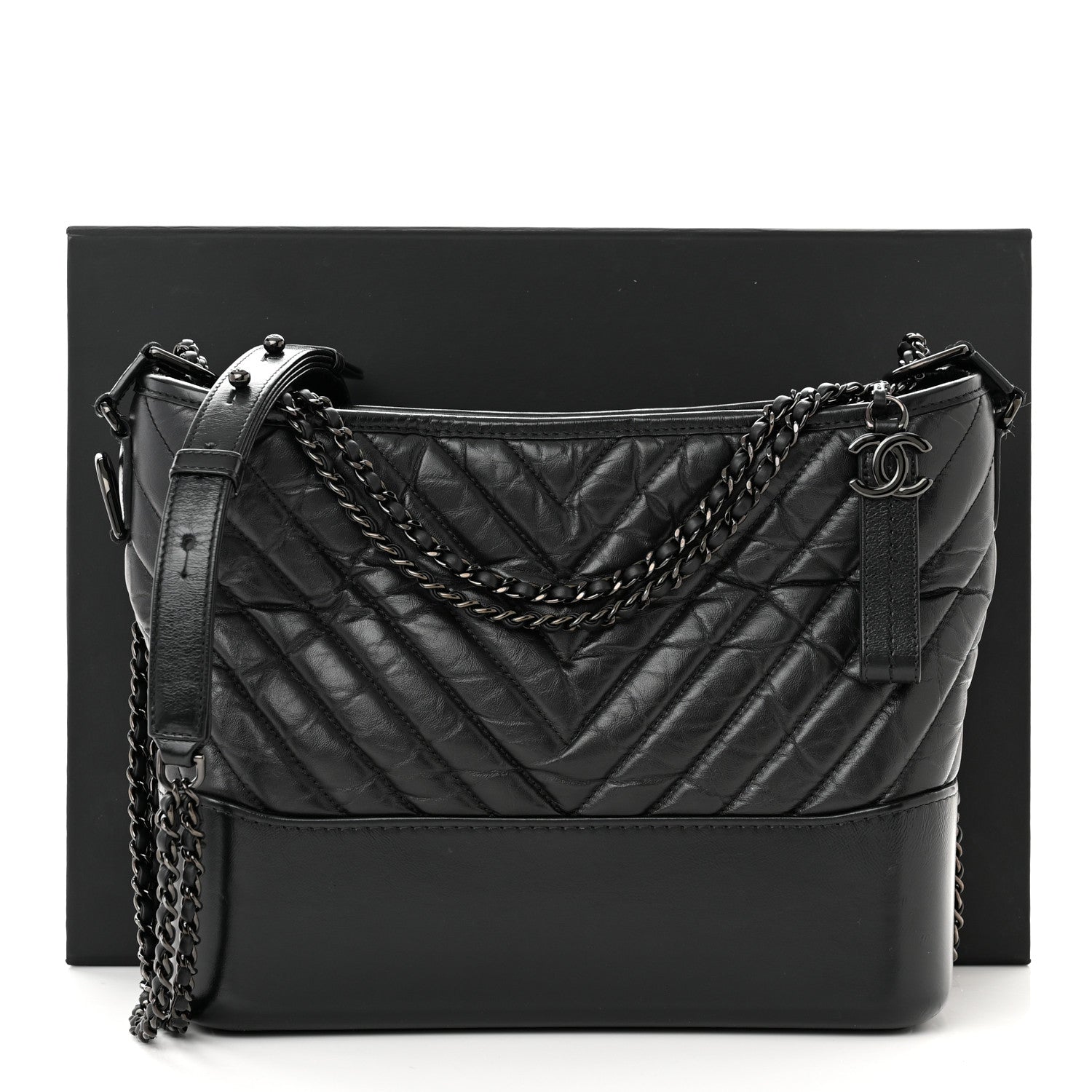 Chanel Aged Calfskin Chevron Quilted Medium Gabrielle Hobo So Black 12 of 12