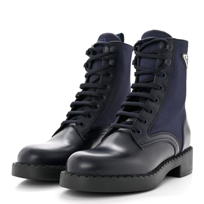 Prada Spazzolato Re-Nylon Metal Triangle Logo Womens 50mm Combat Boots 39 Bleu 3 of 9