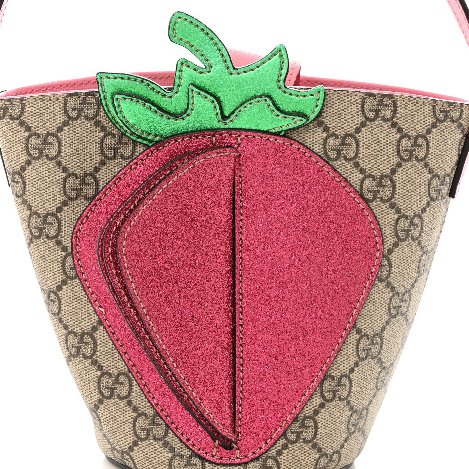 Gucci GG Supreme Monogram 3-D Strawberry Childrens Bucket Tote Beige Ebony Lotus Pink Fuxia Emerald 8 of 12
