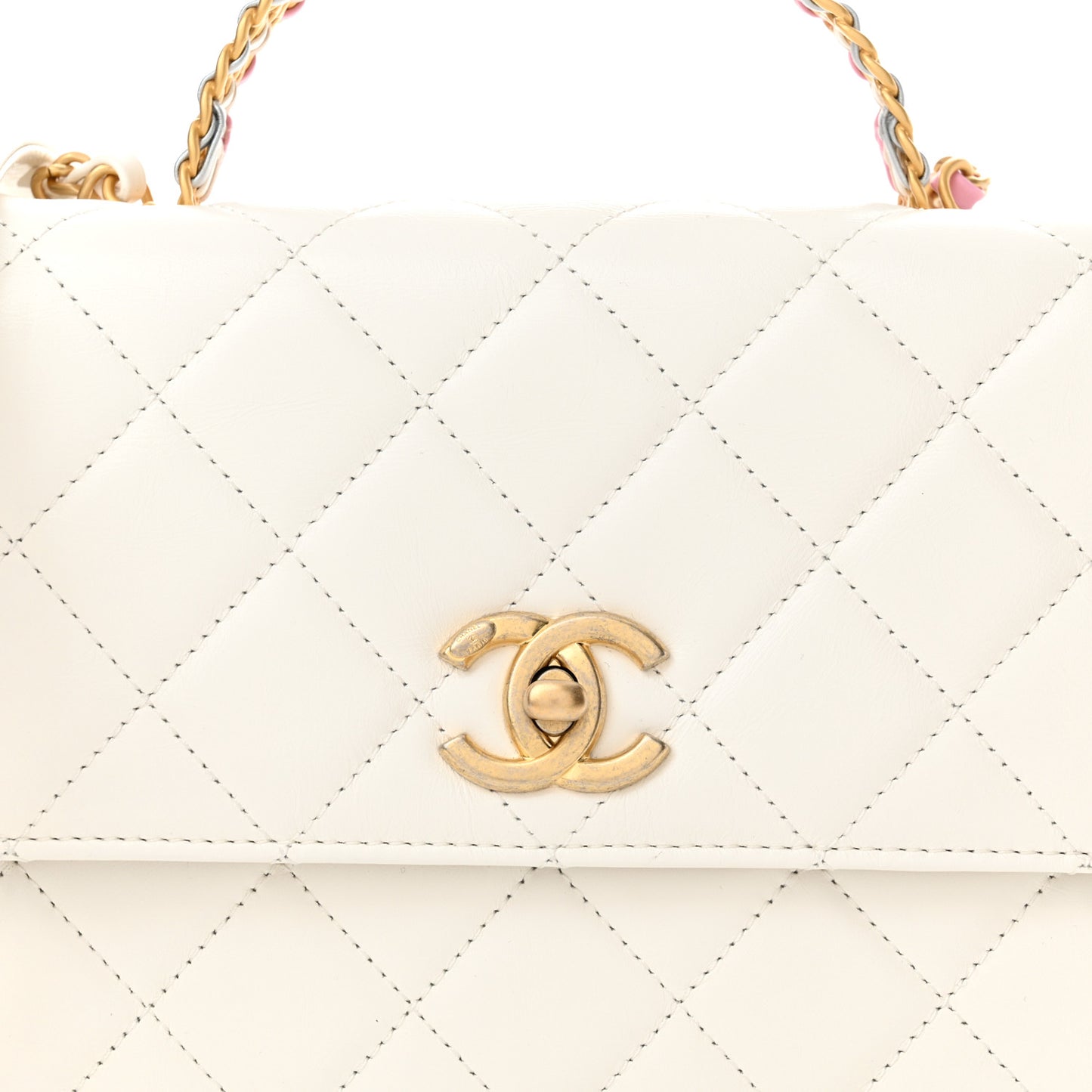Shiny Calfskin Quilted Small Chain Top Handle Flap White