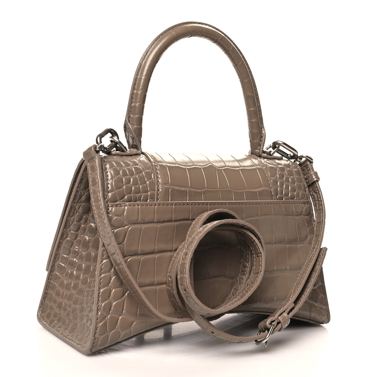 Shiny Calfskin Crocodile Embossed Small Hourglass Top Handle Bag Mink Grey