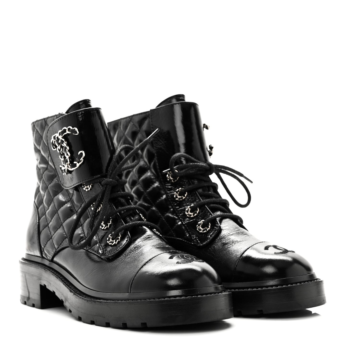 Shiny Lambskin Quilted Lace Up Combat Boots 38.5 Black