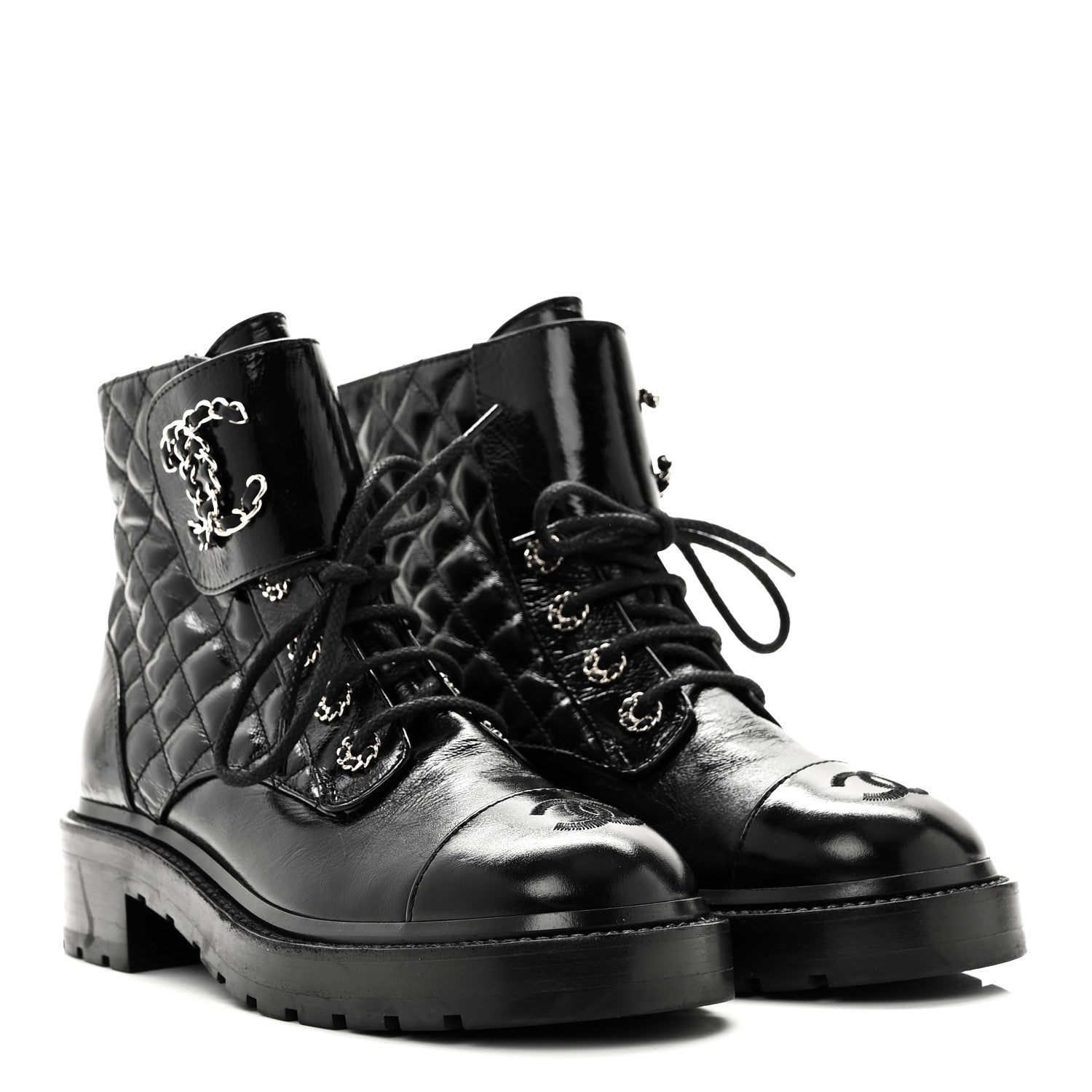 Chanel Shiny Lambskin Quilted Lace Up Combat Boots 38.5 Black 3 of 8