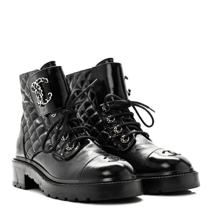 Chanel Shiny Lambskin Quilted Lace Up Combat Boots 38.5 Black 3 of 8