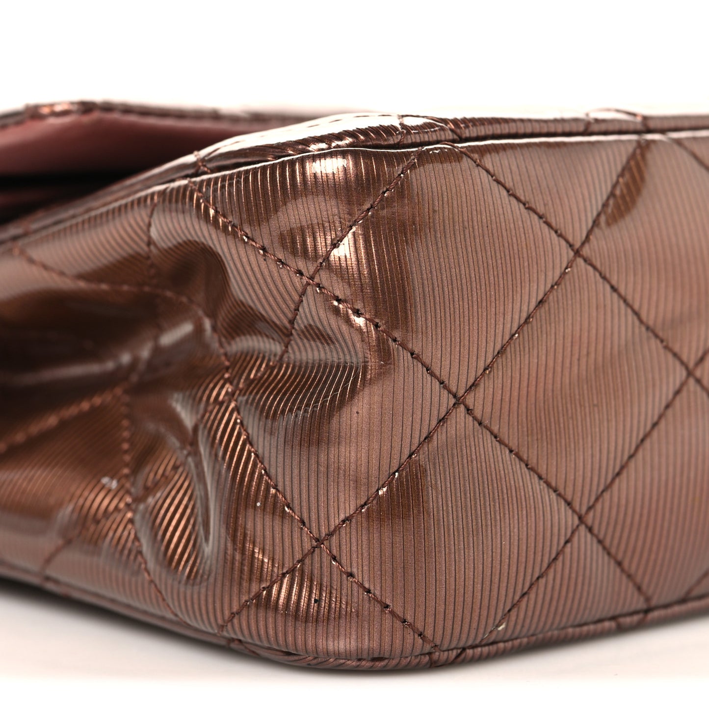 Striated Patent Quilted Medium Double Flap Bronze