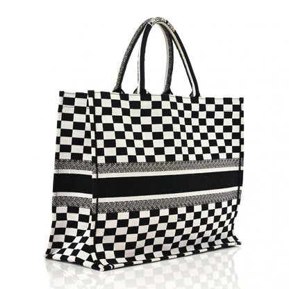 Christian Dior Canvas Embroidered Checkered Book Tote Black White 3 of 15