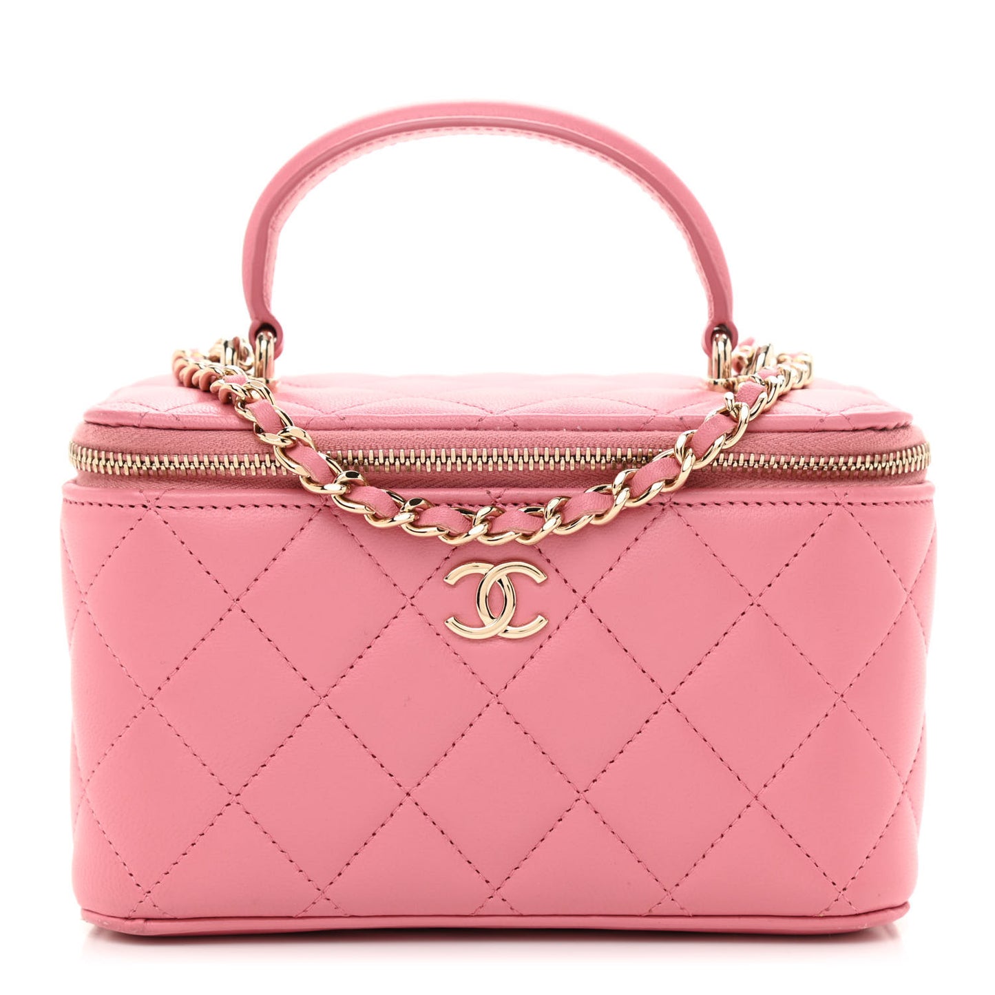 Lambskin Quilted Small Top Handle Vanity Case With Chain Dark Pink