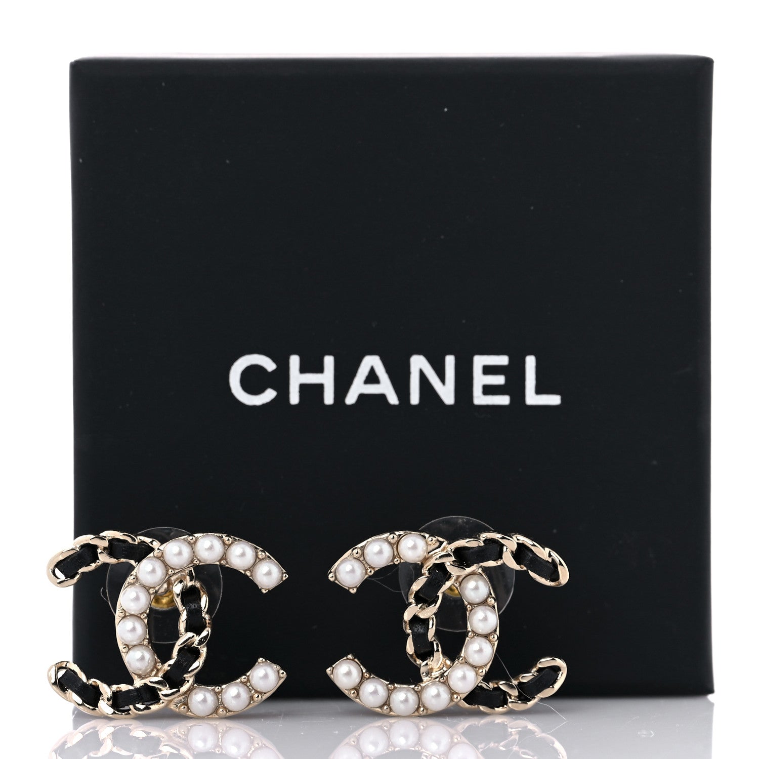 Chanel Pearl Lambskin Chain CC Stud Earrings Gold Black 5 of 5