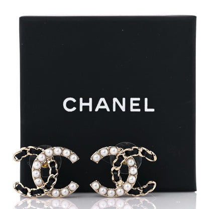 Chanel Pearl Lambskin Chain CC Stud Earrings Gold Black 5 of 5