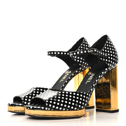 Chanel Printed Calfskin Polka Dot CC Platform Sandals 37 Black White 4 of 9
