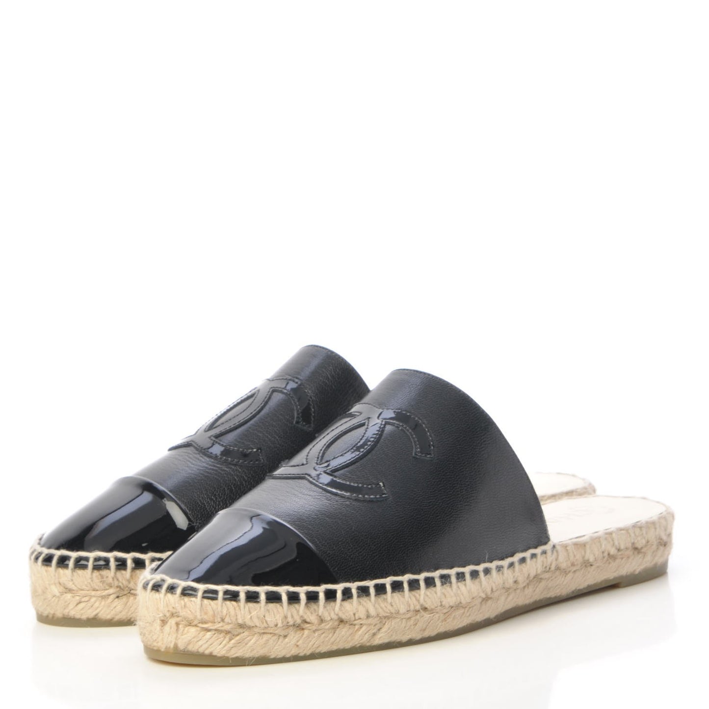 Iridescent Goatskin Patent CC Espadrille Mules 37 Black