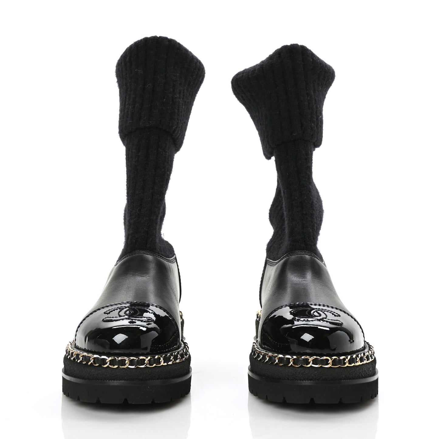 Knit Calfskin Patent CC Cap Toe Chain Boots 38 Black