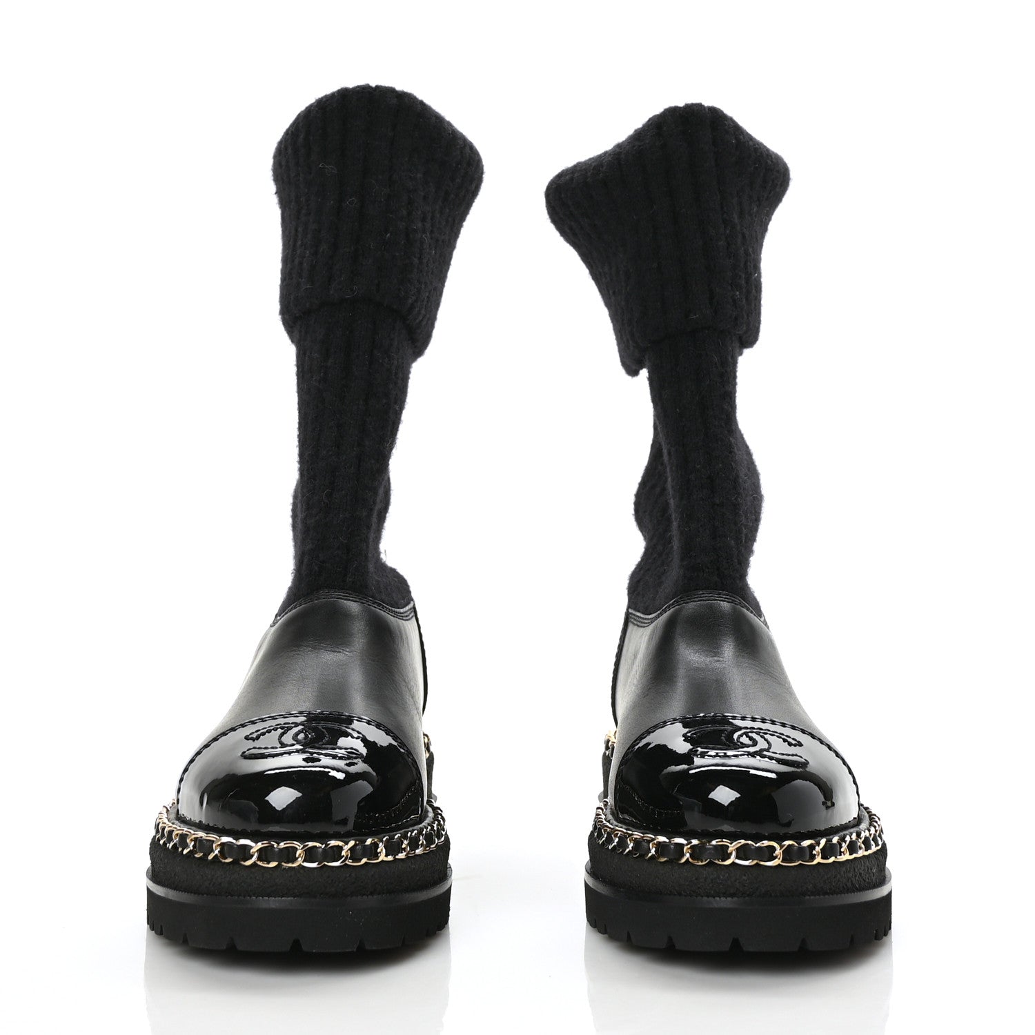 Chanel Knit Calfskin Patent CC Cap Toe Chain Boots 38 Black 2 of 6