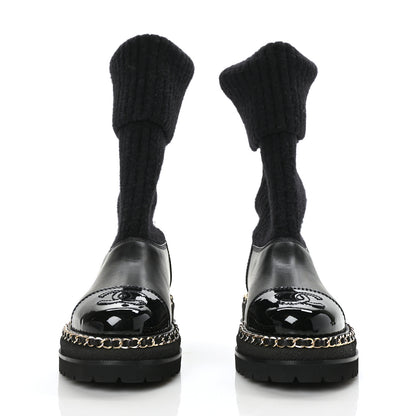 Chanel Knit Calfskin Patent CC Cap Toe Chain Boots 38 Black 2 of 6