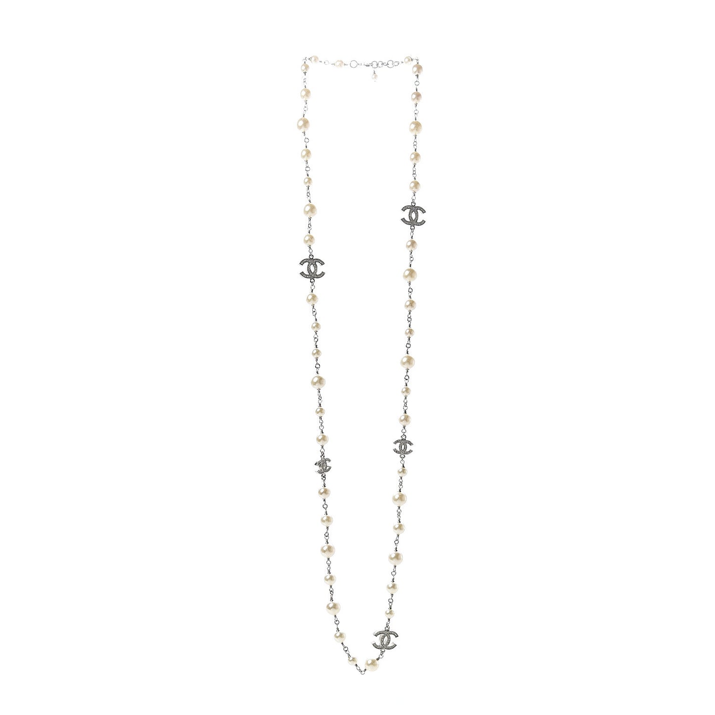 Crystal Pearl CC Long Necklace Gold