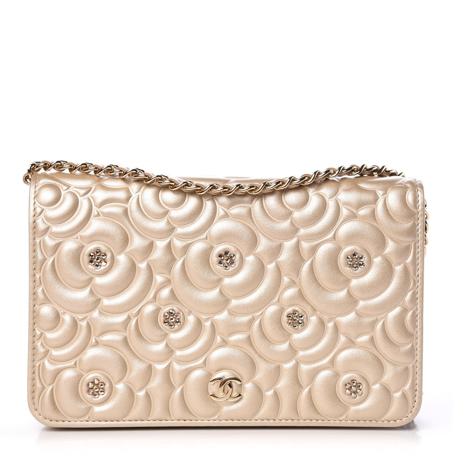 Metallic Lambskin Camellia Crystal Wallet on Chain WOC Gold