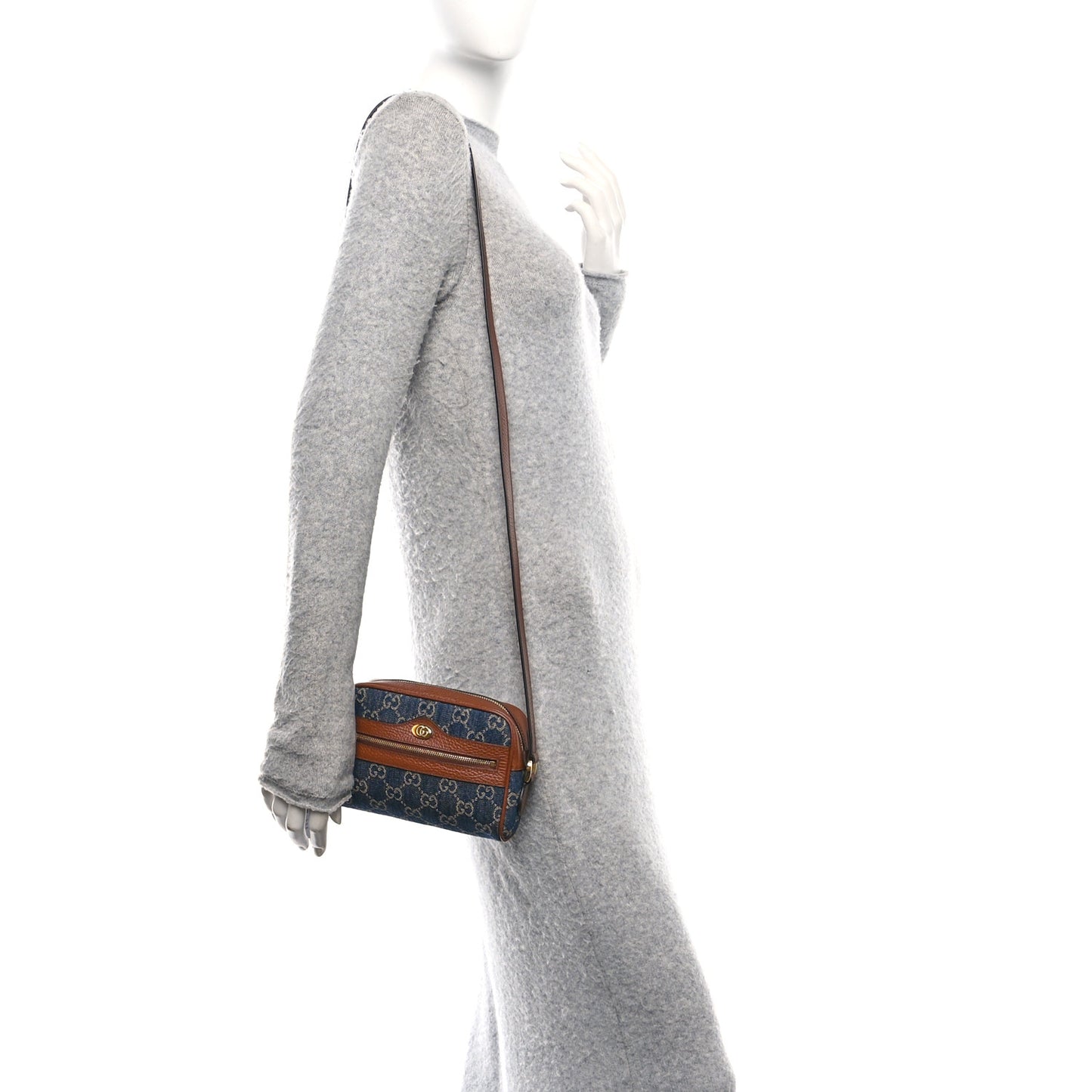 New Denim GG Monogram Dollar Calfskin Mini Ophidia Shoulder Bag Blue Tea Cuir Epilog