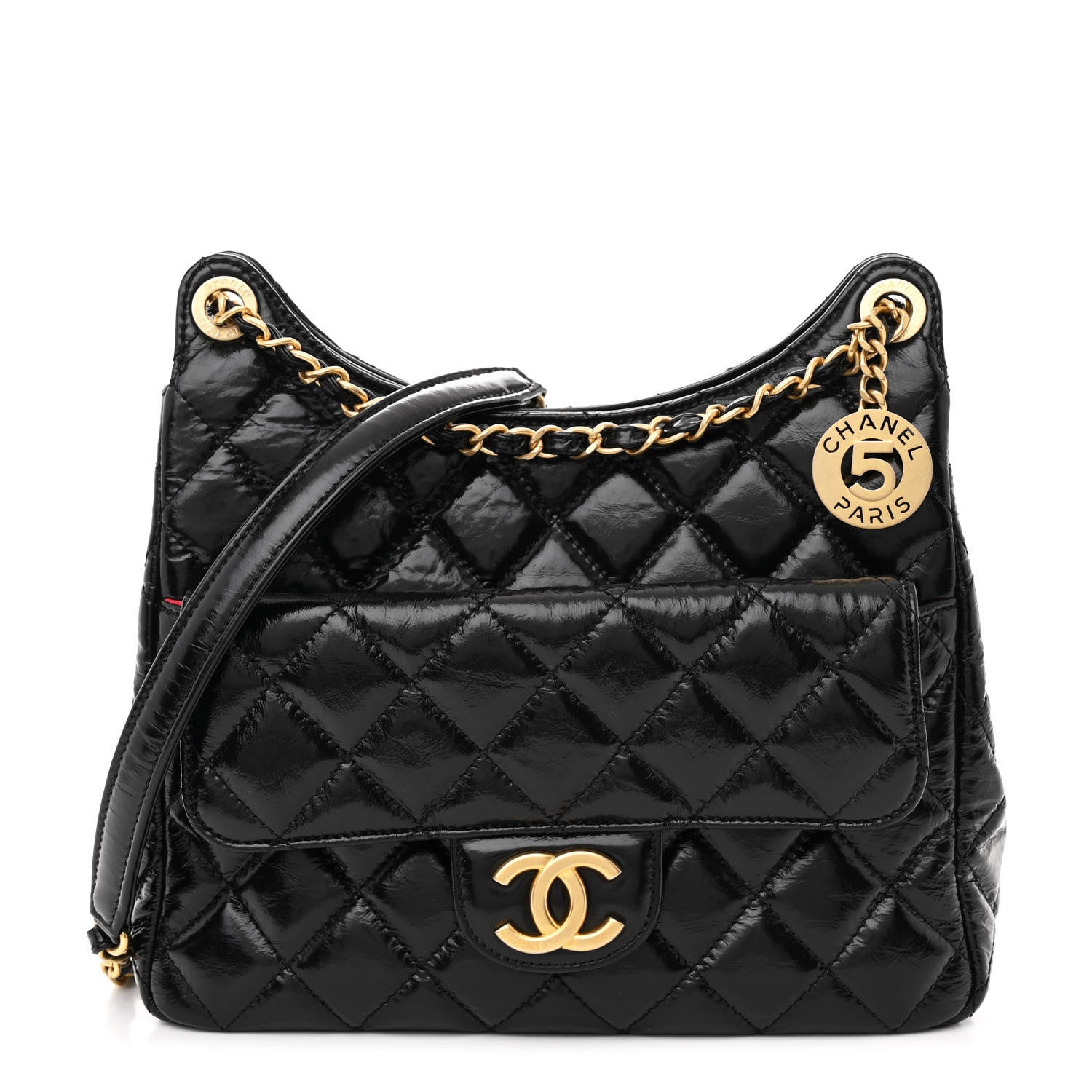 Chanel Shiny Crumpled Calfskin Quilted Wavy CC Hobo Black 1 of 10