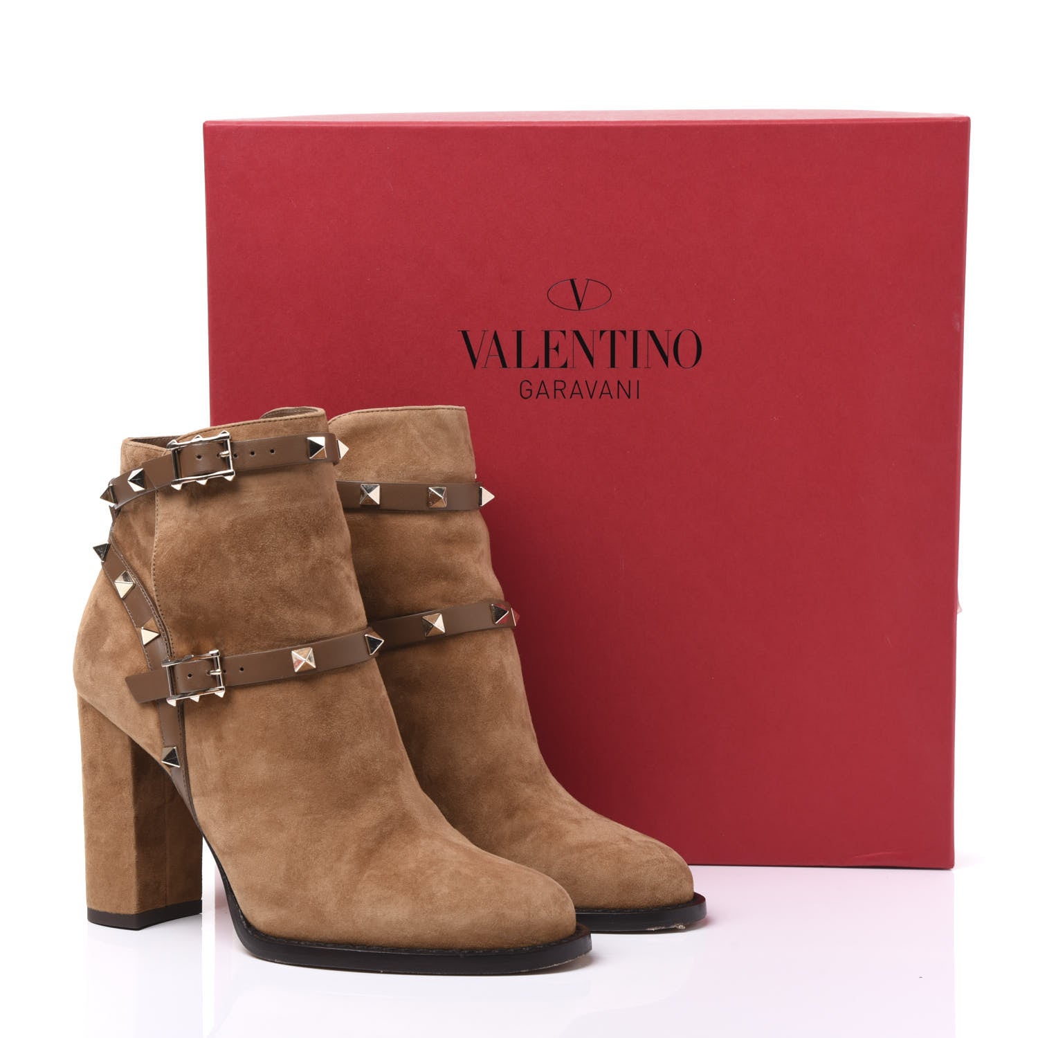 Valentino Garavani Suede Rockstud Double Buckle 100mm Block Heel Ankle Boots 35.5 Nocciola 9 of 9