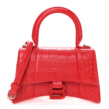 Balenciaga Shiny Calfskin Tonal B Crocodile Embossed Hourglass Top Handle Bag XS Bright Red 1 of 8