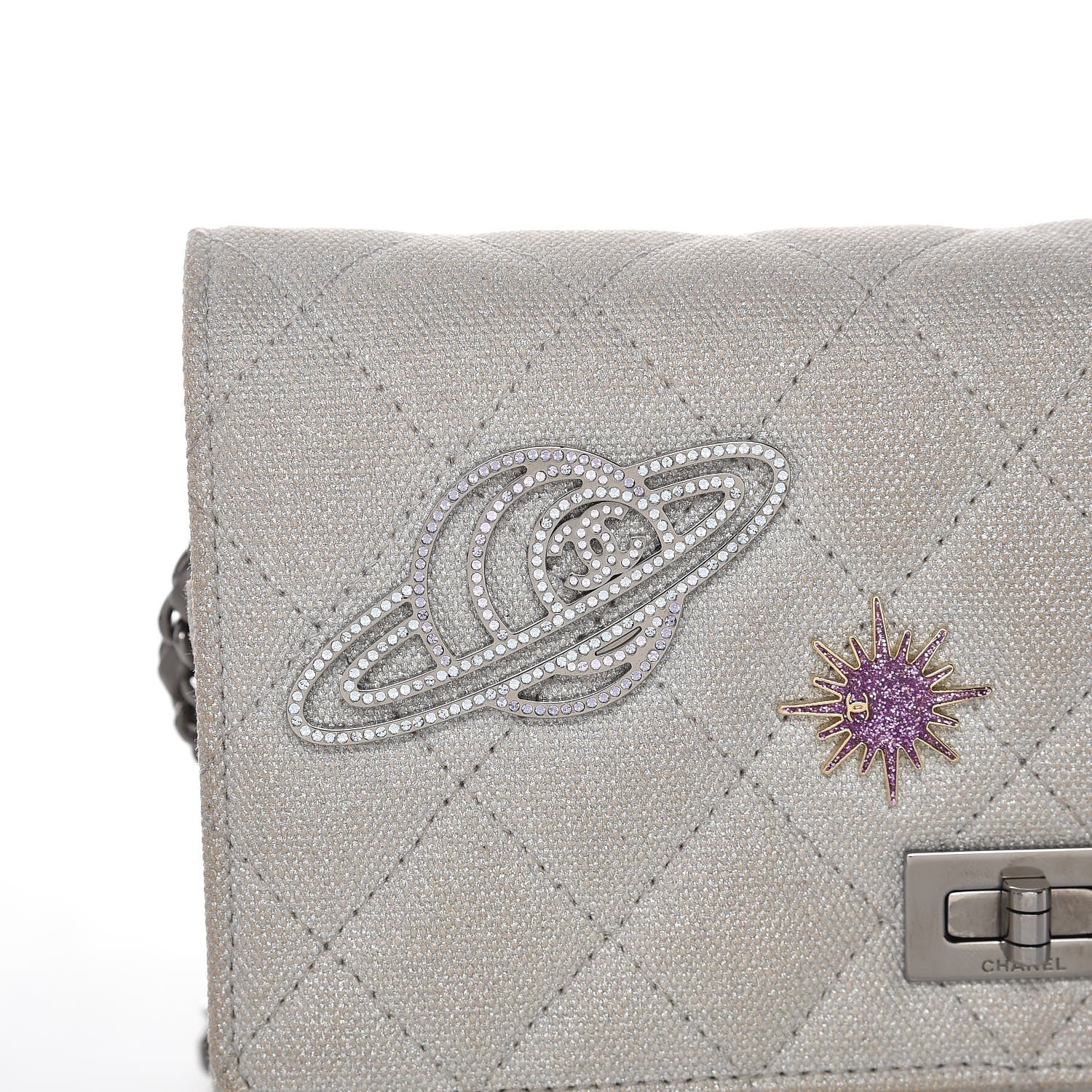Chanel Metallic Canvas Quilted Space Charms Wallet On Chain WOC Silver 9 of 11