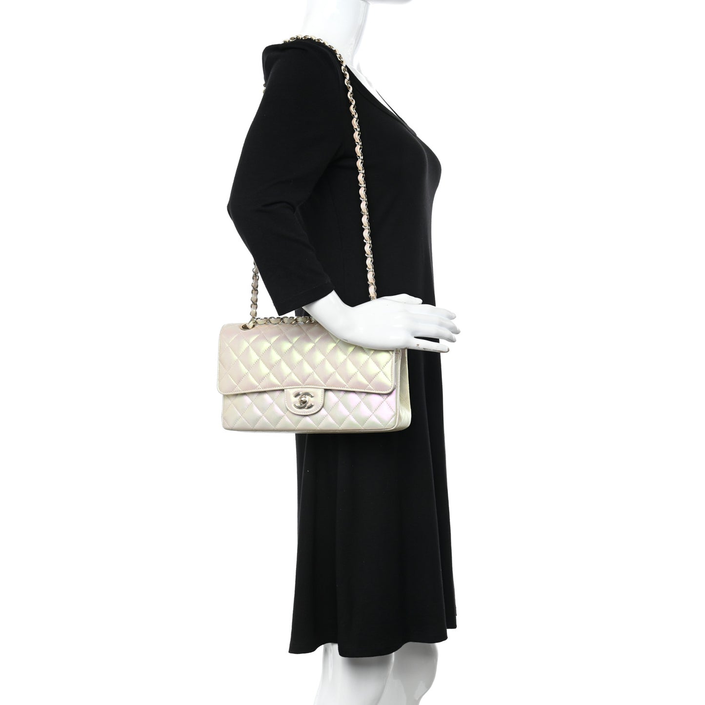 Iridescent Lambskin Quilted Medium Double Flap Ivory